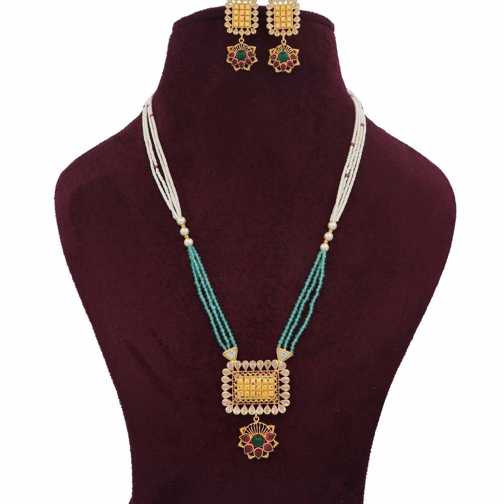 916 Gold Interlink Pearl Light-weight Necklace Set For Women AJNS210