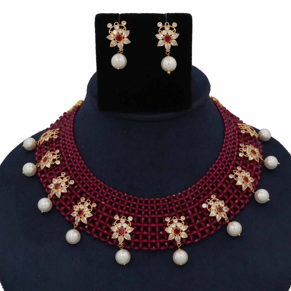 916 Gold Floral Pearl Light-weight Necklace Set For Women AJNS209