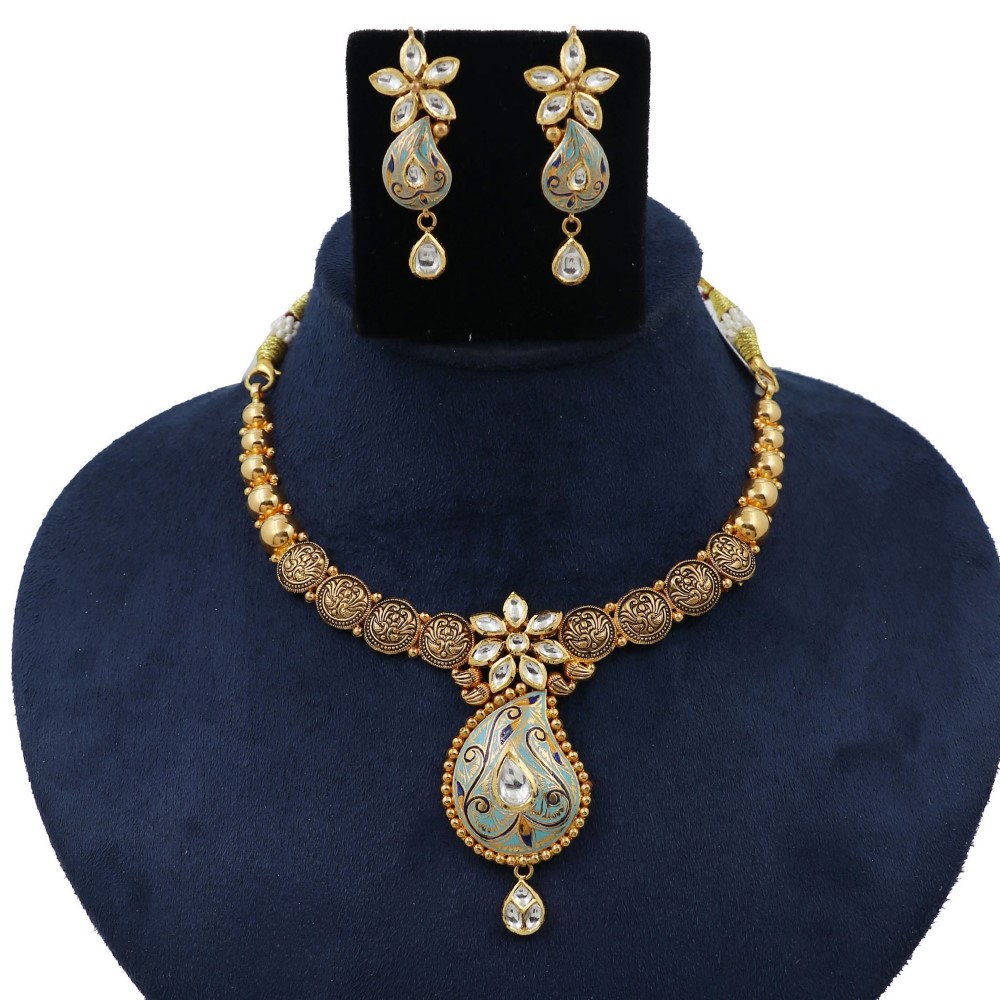 Gold Antique Pearl Light-weight Necklace Set For Women AJNS196