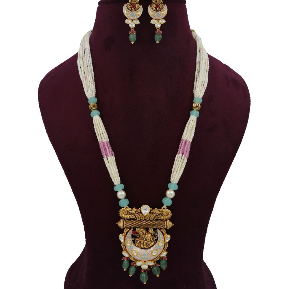 Gold Glam Pearl Light-weight Necklace Set For Women AJNS194