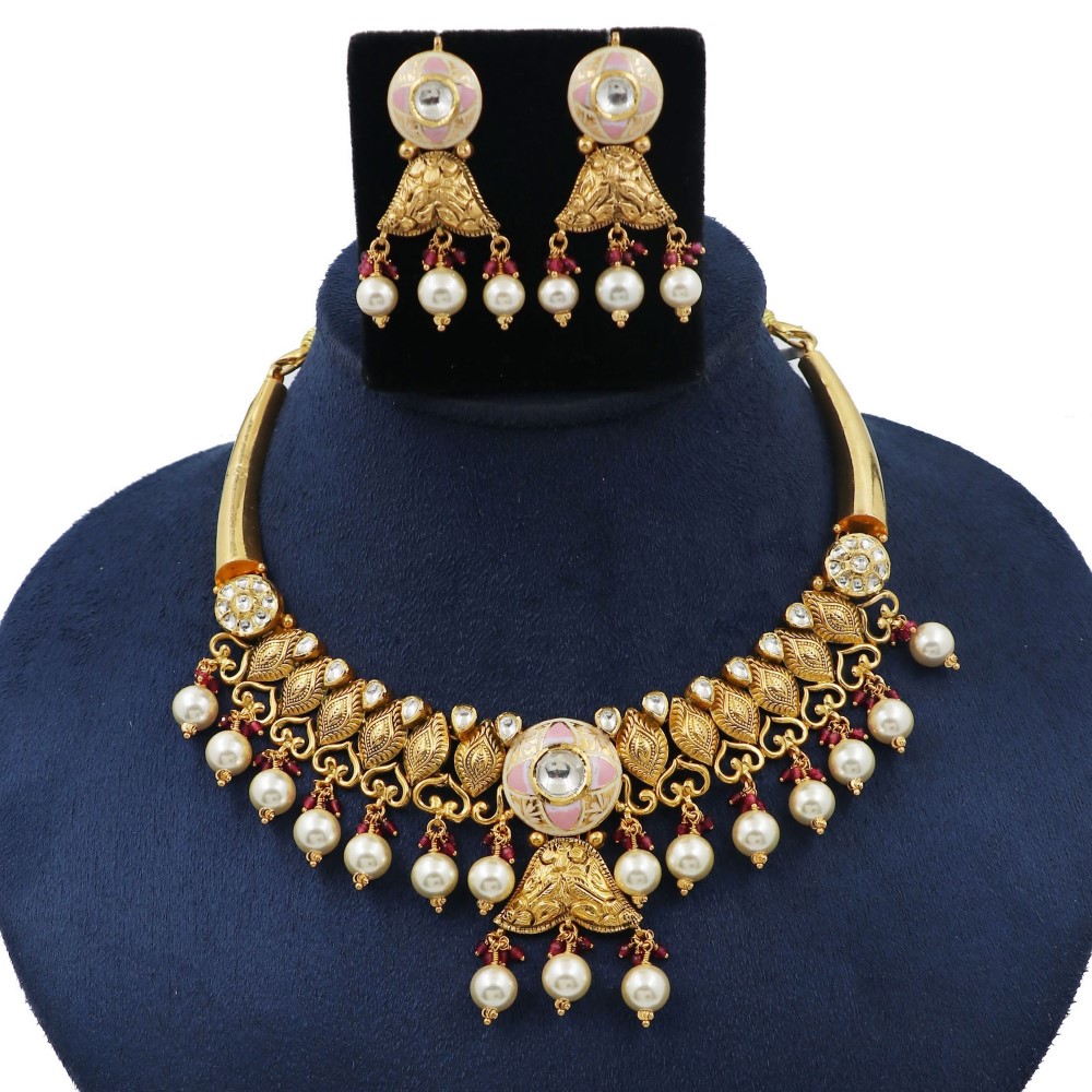 Gold Flair Pearl Light-weight Necklace Set For Women AJNS190