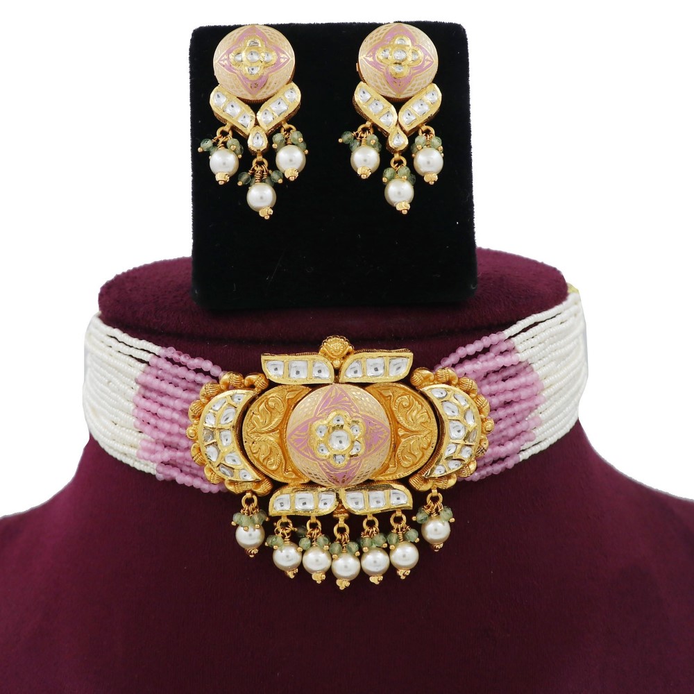 Gold Shining Pearl Light-weight Necklace Set For Women AJNS189