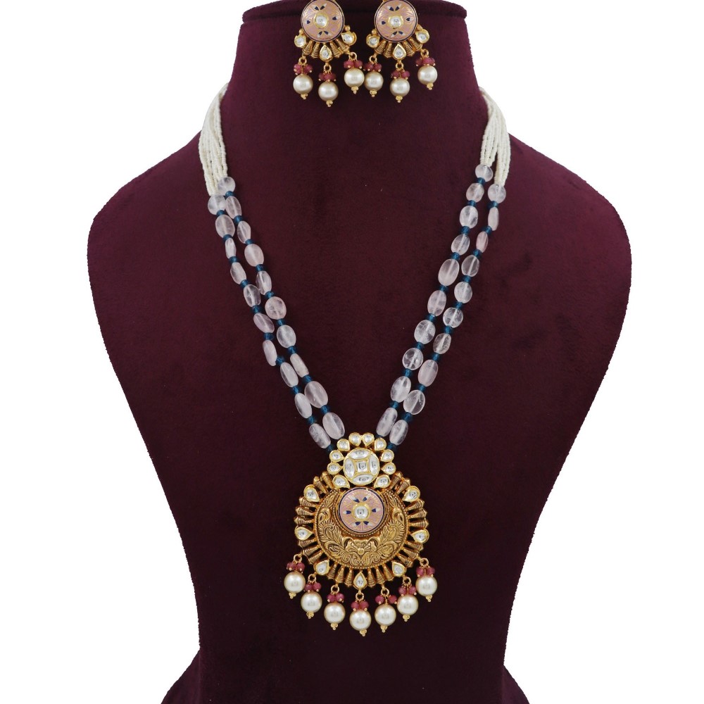 Gold Interlink Pearl Light-weight Necklace Set For Women AJNS182