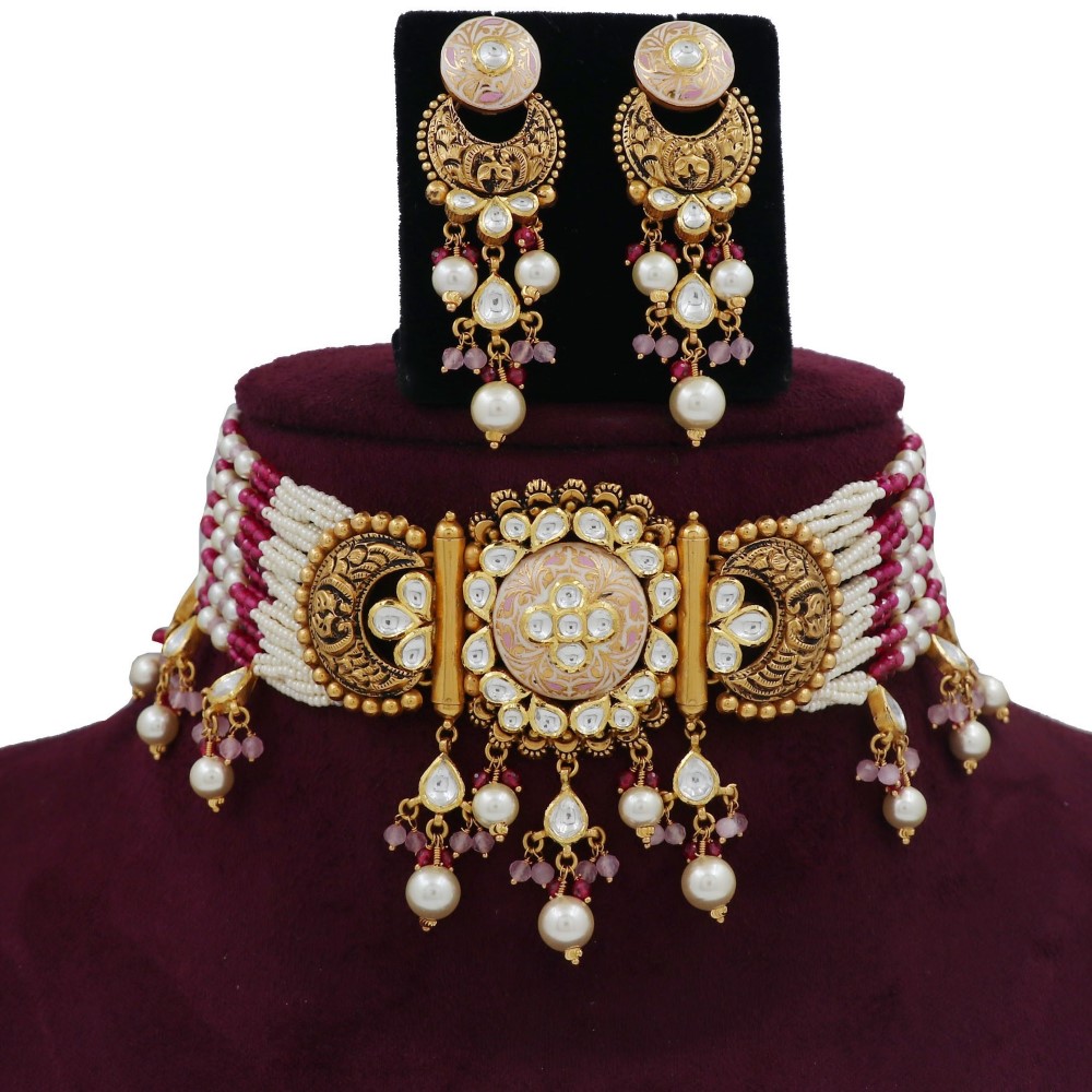 Gold Pretty Pearl Light-weight Necklace Set For Women AJNS176