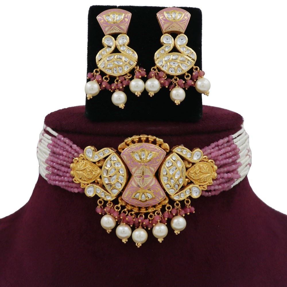 Gold Attractive Floral Pearl Light-weight Necklace Set For Women AJNS174