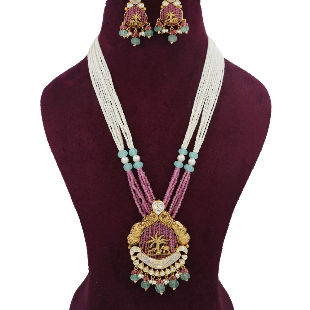 Gold Antique Colourful Moti Necklace Set For Women AJNS168