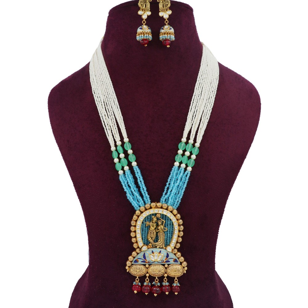 Gold Cocktail Colourful Moti Necklace Set For Women AJNS167
