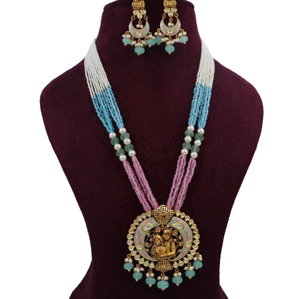 Gold Glorious Colourful Moti Necklace Set For Women AJNS164