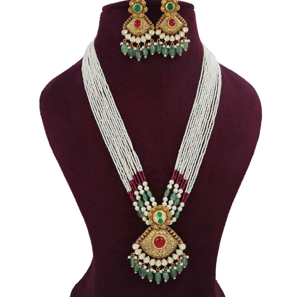 Gold Delight Colourful Moti Necklace Set For Women AJNS164
