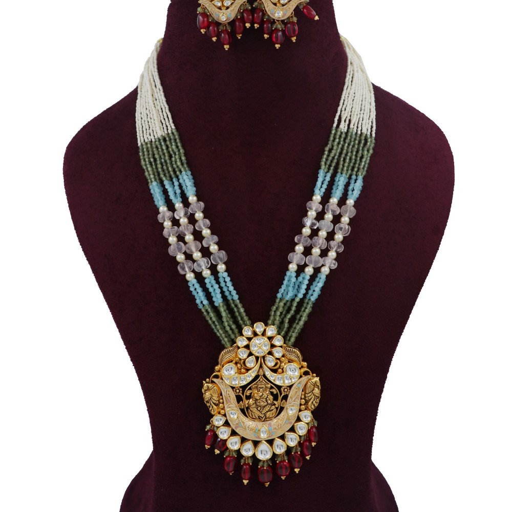 Gold Blooming Colourful Moti Necklace Set For Women AJNS160
