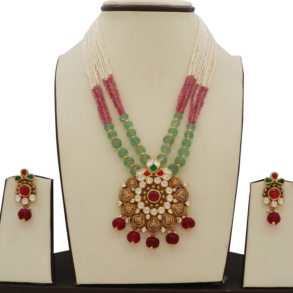 Gold Blossom Colourful Moti Necklace Set For Women AJNS159