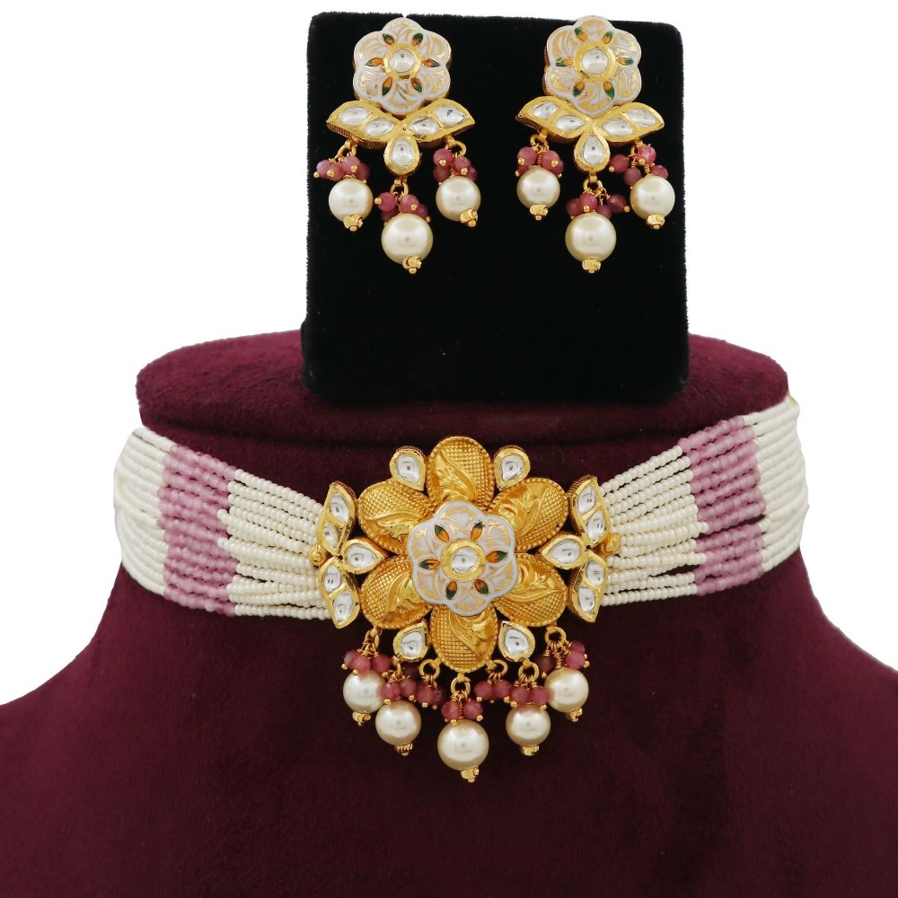 Gold Delicate Colourful Moti Necklace Set For Women AJNS158