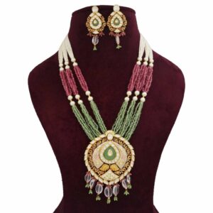 Gold Attractive Bow cut-out Colourful Moti Necklace Set For Women AJNS157