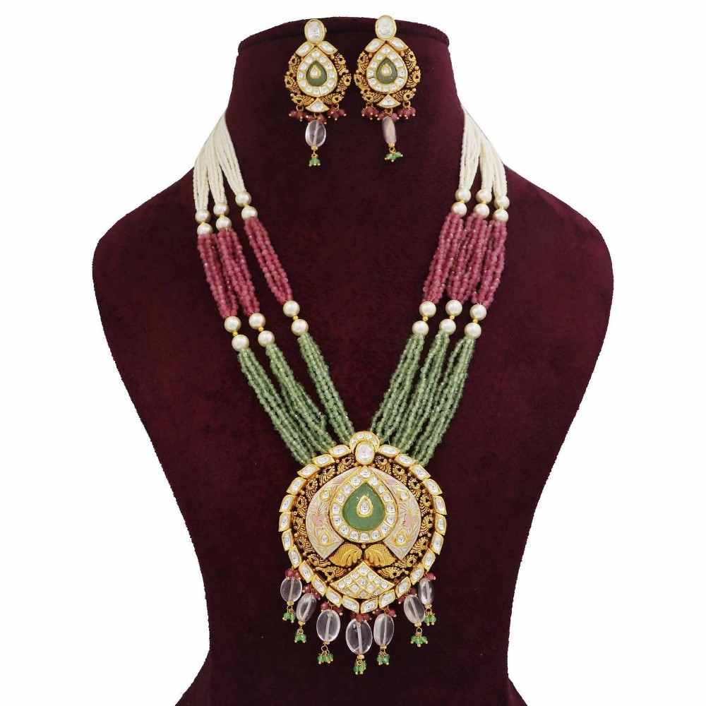 Gold Attractive Bow cut-out Colourful Moti Necklace Set For Women AJNS157