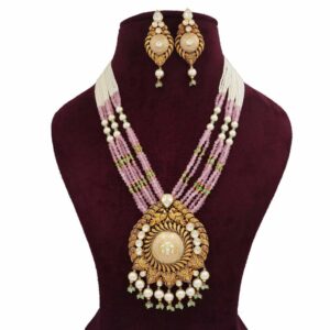 Gold Simple Colourful Moti Necklace Set For Women AJNS156