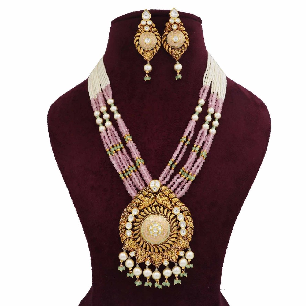 Gold Simple Colourful Moti Necklace Set For Women AJNS156