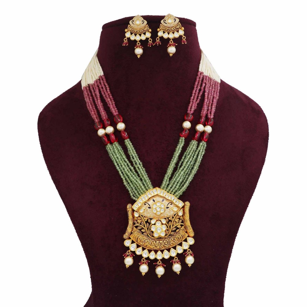 Gold Loopy Bends Colourful Moti Necklace Set For Women AJNS155