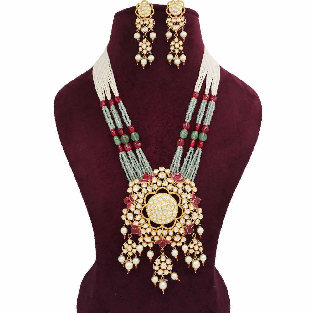 Gold Interlink Colourful Moti Necklace Set For Women AJNS154