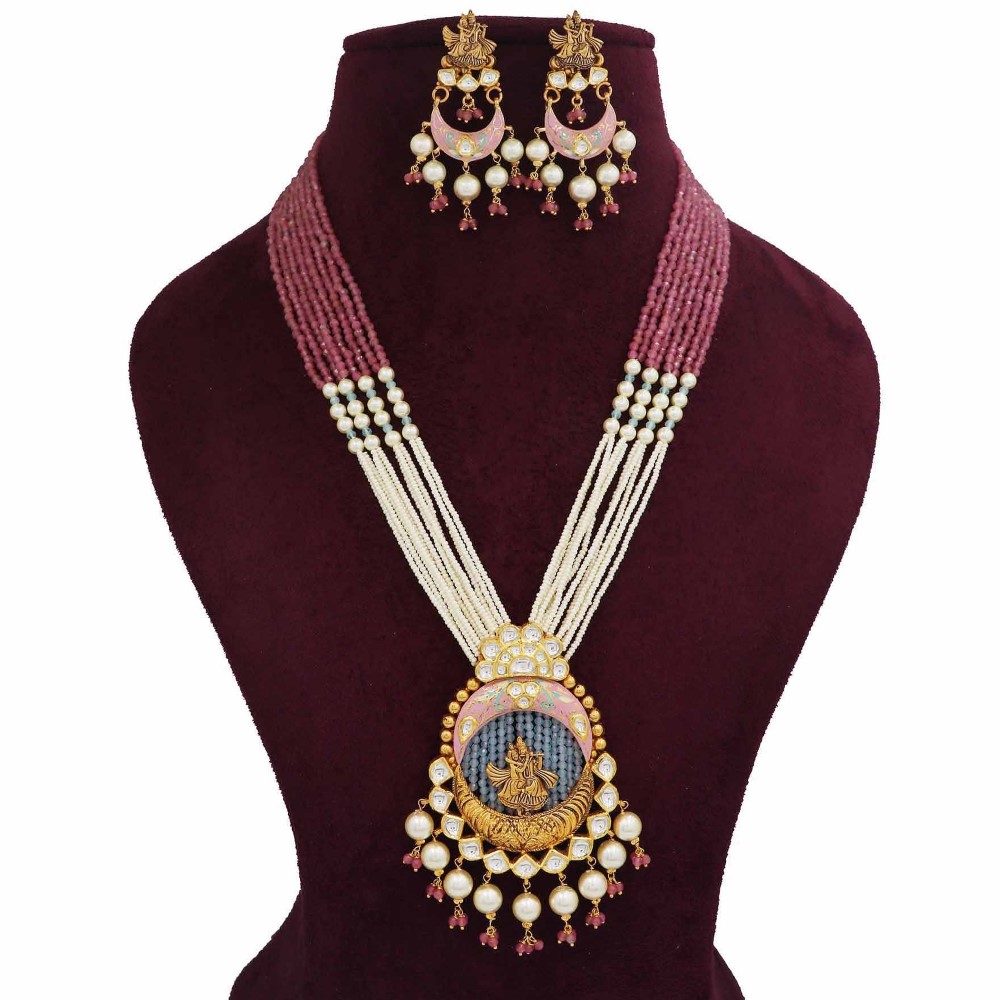 Gold Floral Colourful Moti Necklace Set For Women AJNS153