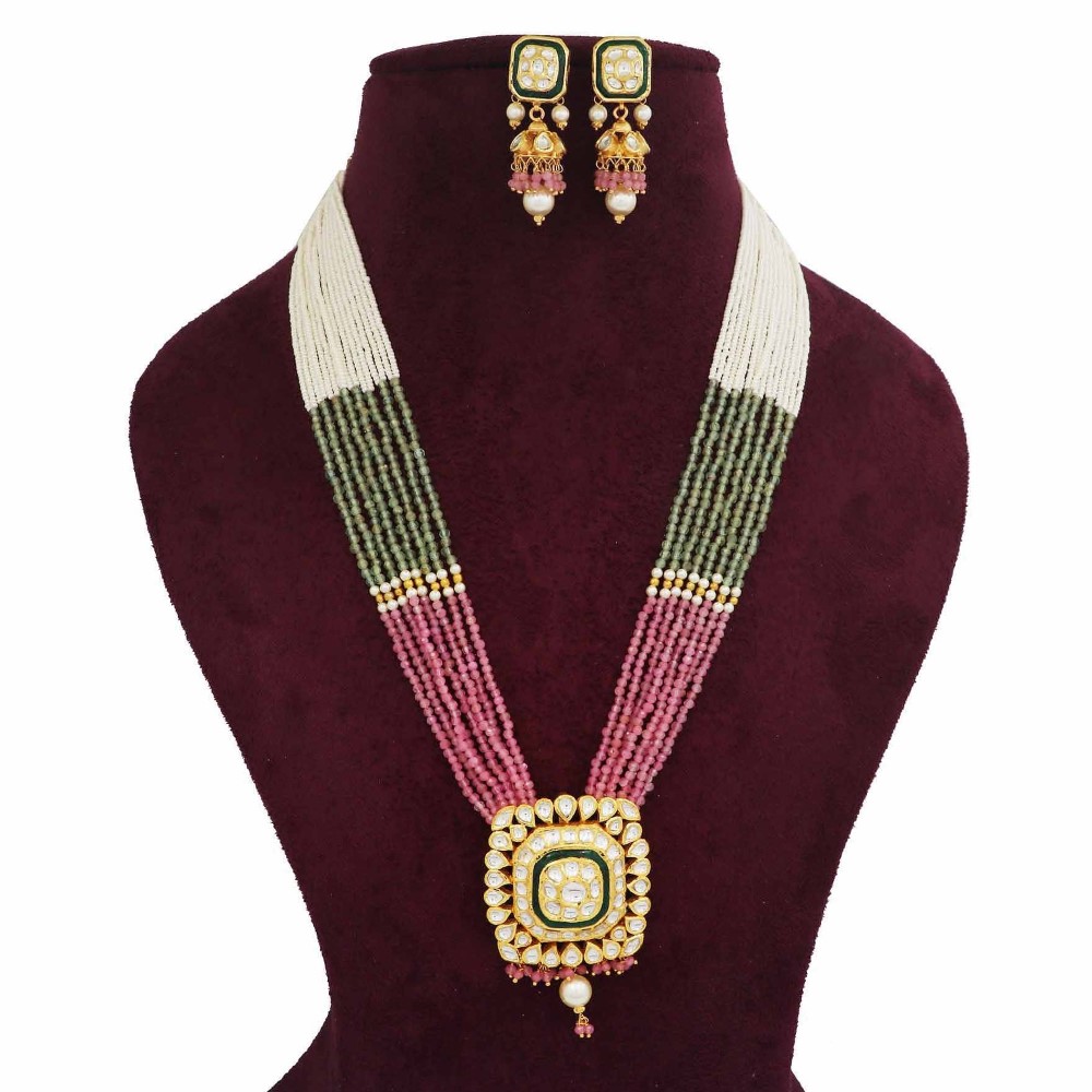 Gold Sparkling Colourful Moti Necklace Set For Women AJNS152