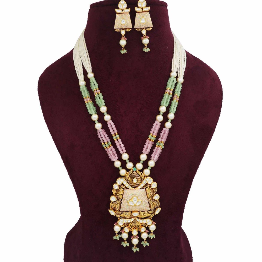 Gold Classy Colourful Moti Necklace Set For Women AJNS151
