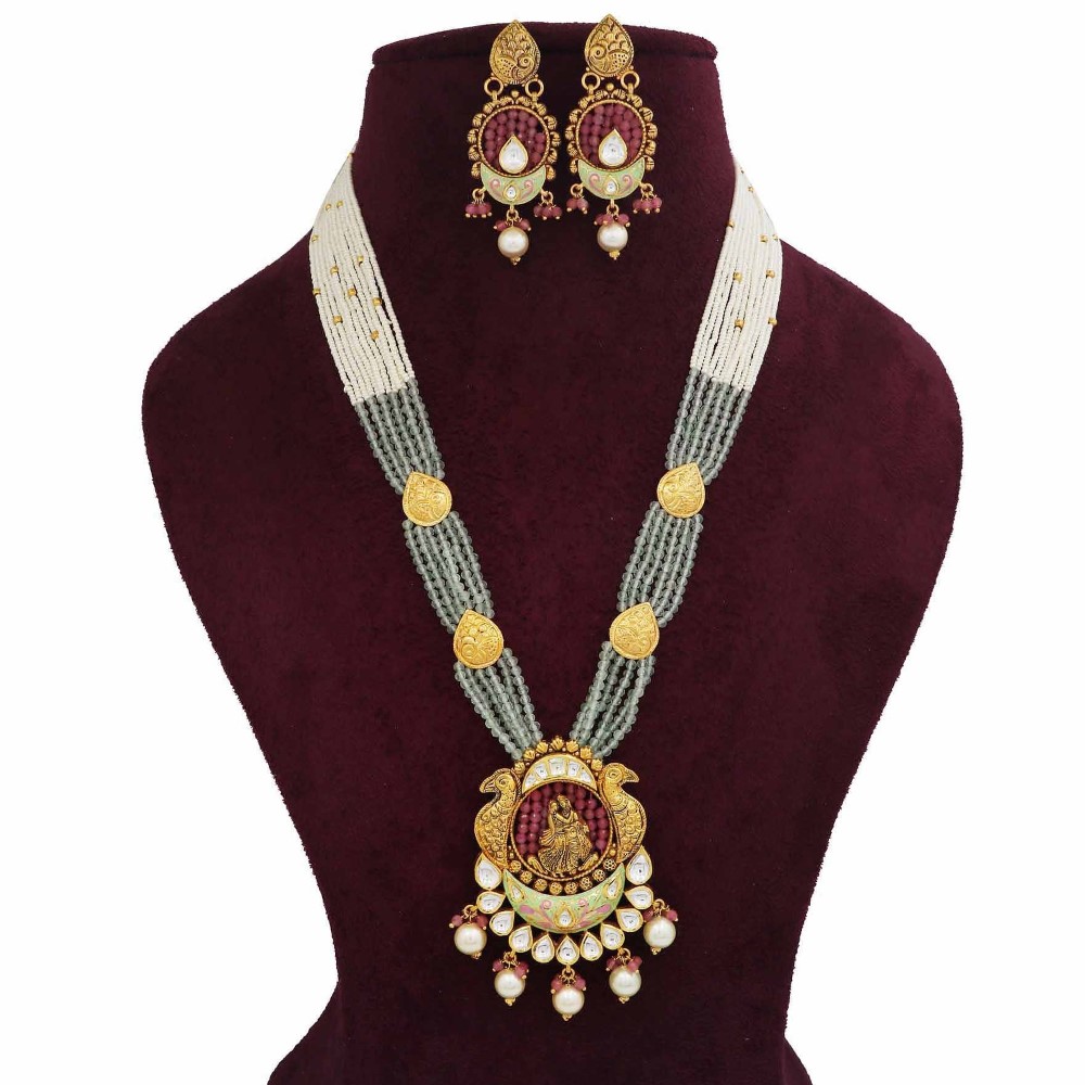 Gold Stylish Colourful Moti Necklace Set For Women AJNS150