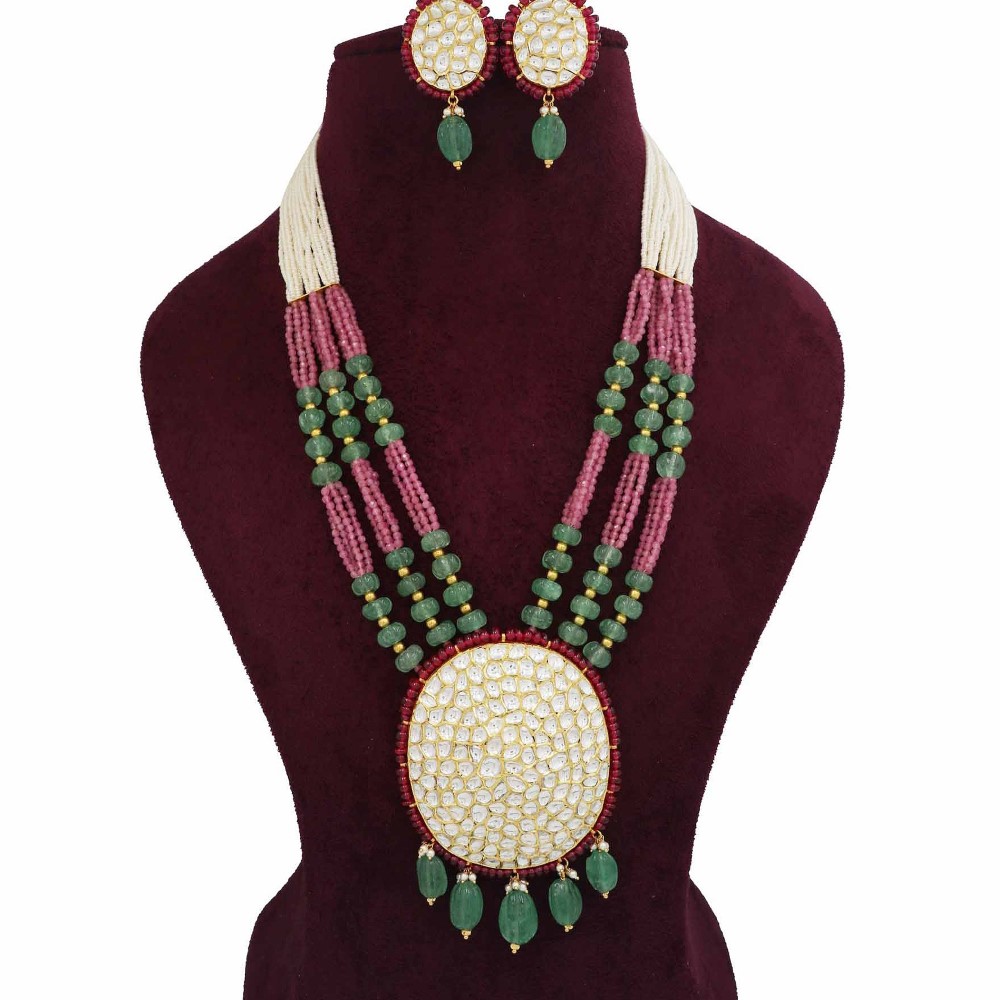 Gold Unique Colourful Moti Necklace Set For Women AJNS149