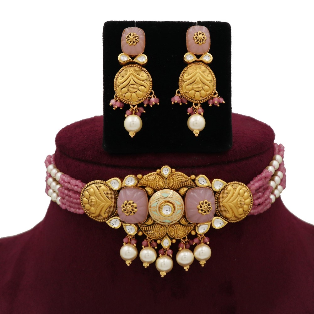 Gold Pretty Colourful Moti Necklace Set For Women AJNS148