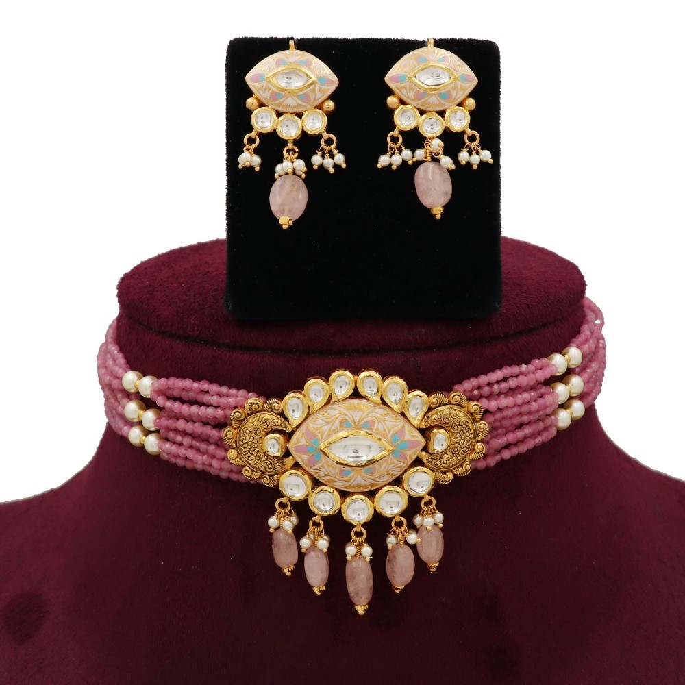 Gold Beautiful Colourful Moti Necklace Set For Women AJNS147