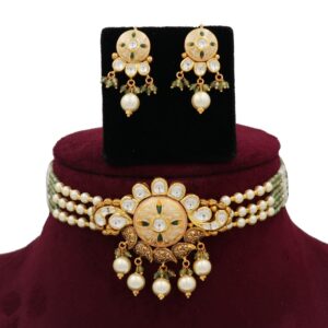 Gold Attractive Floral Colourful Moti Necklace Set For Women AJNS146