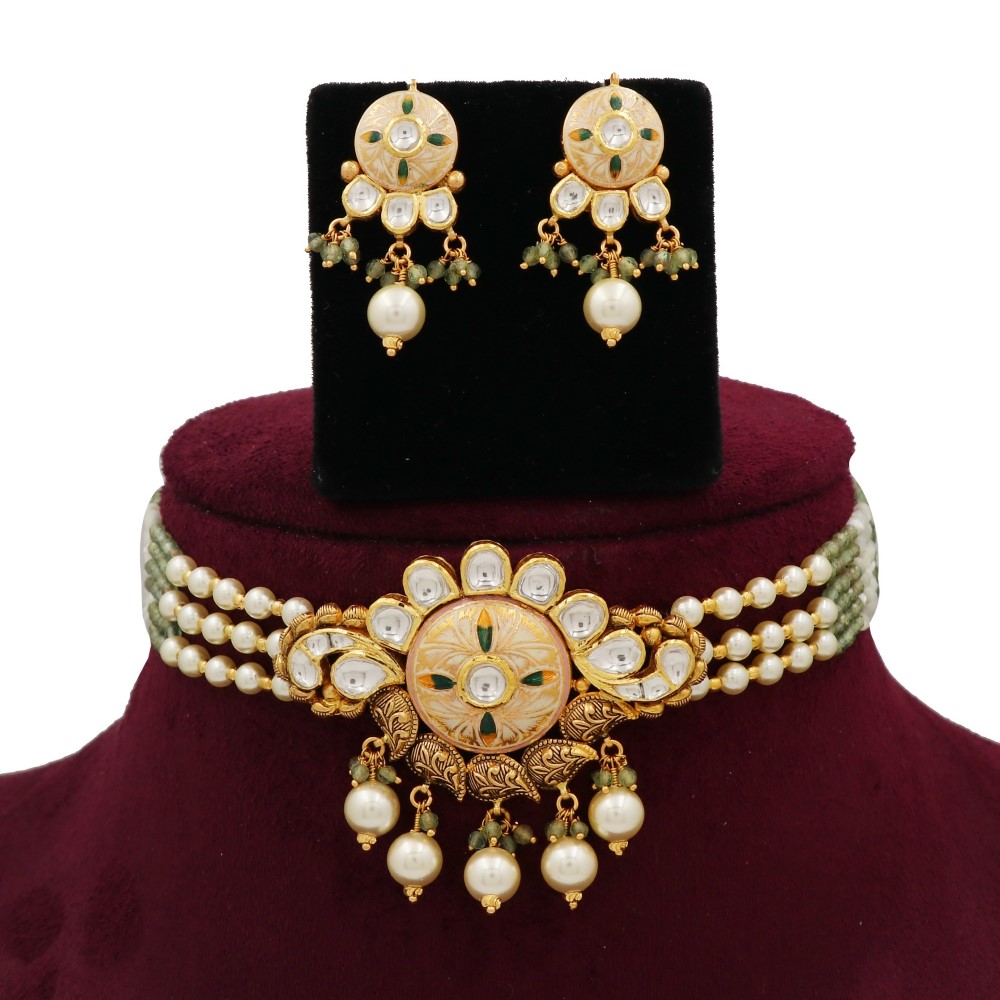 Gold Attractive Floral Colourful Moti Necklace Set For Women AJNS146