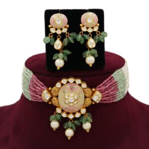 Gold Dazzling Colourful Moti Necklace Set For Women AJNS145