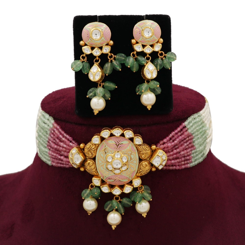 Gold Dazzling Colourful Moti Necklace Set For Women AJNS145