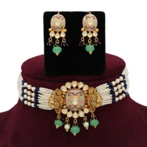 Gold Stunning Colourful Moti Necklace Set For Women AJNS143
