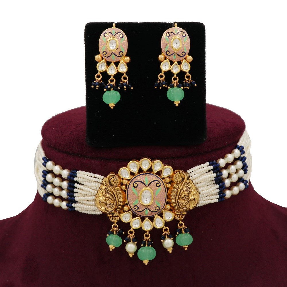 Gold Stunning Colourful Moti Necklace Set For Women AJNS143