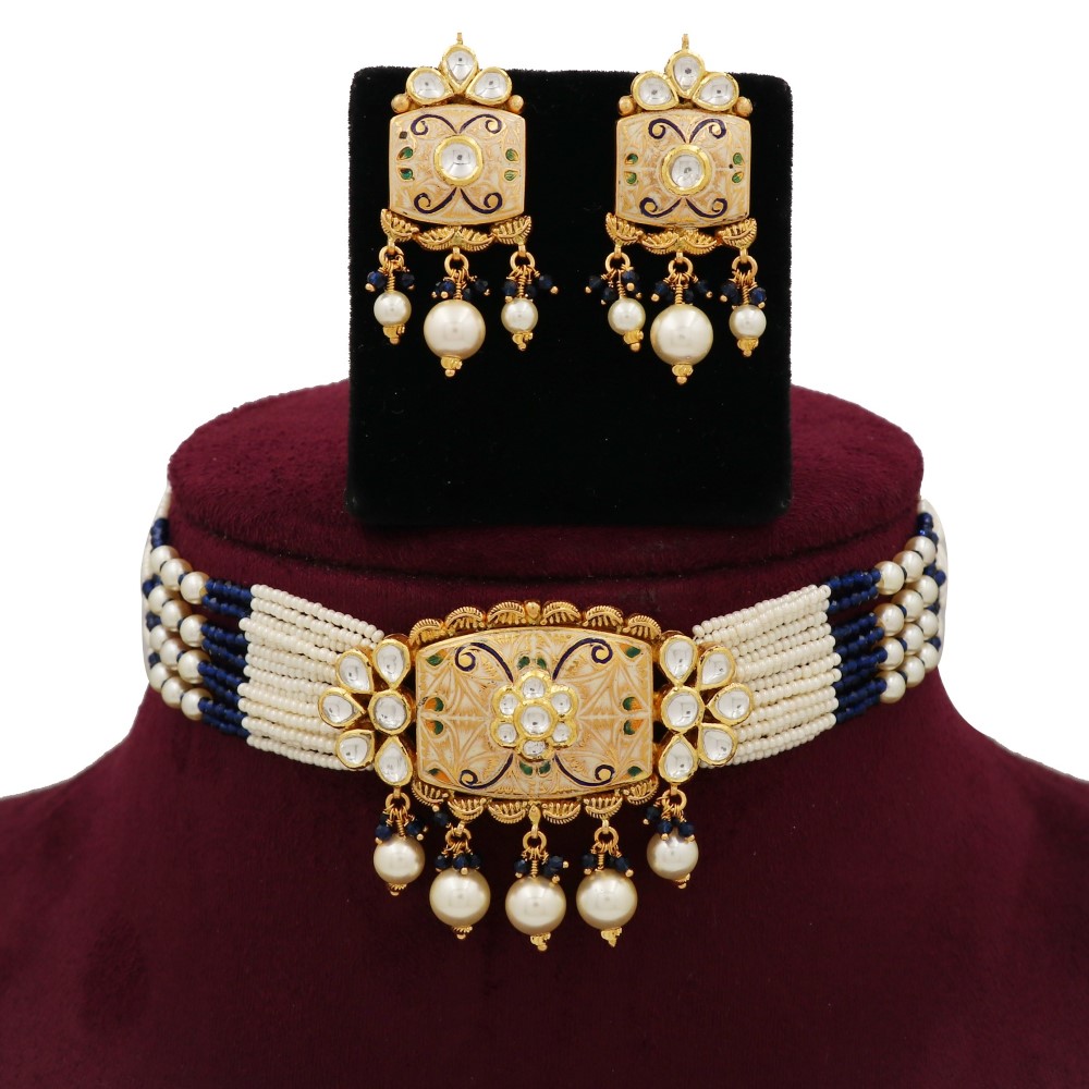 Gold Elite Colourful Moti Necklace Set For Women AJNS142