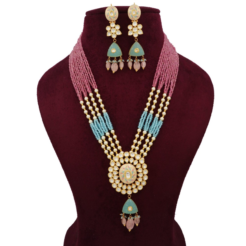 916 Gold Glam Colourful Moti Necklace Set AJNS138