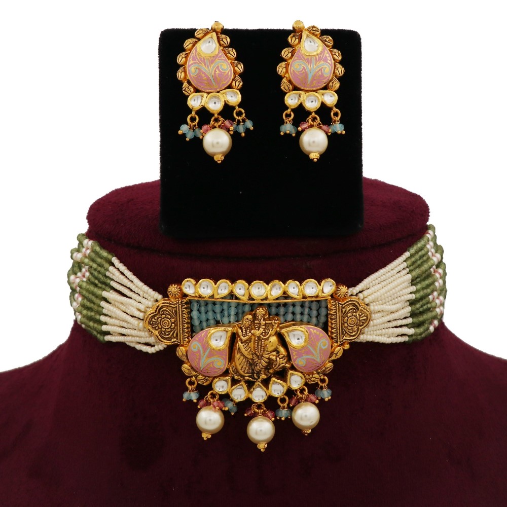 916 Gold Delight Colourful Moti Necklace Set AJNS136