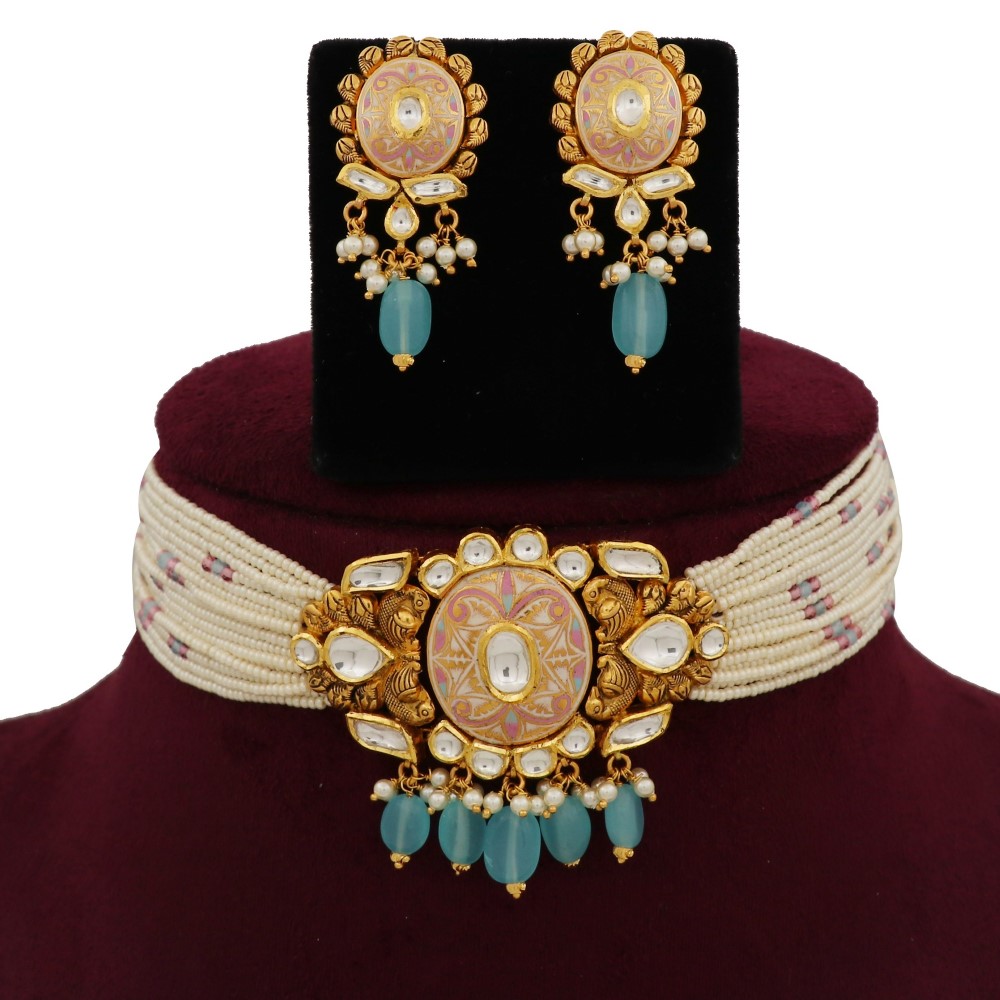 916 Gold Flair Colourful Moti Necklace Set AJNS134