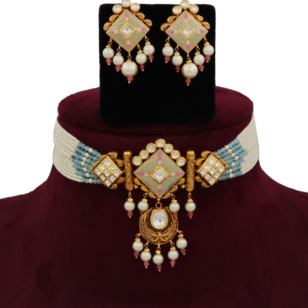 916 Gold Blooming Colourful Moti Necklace Set AJNS132