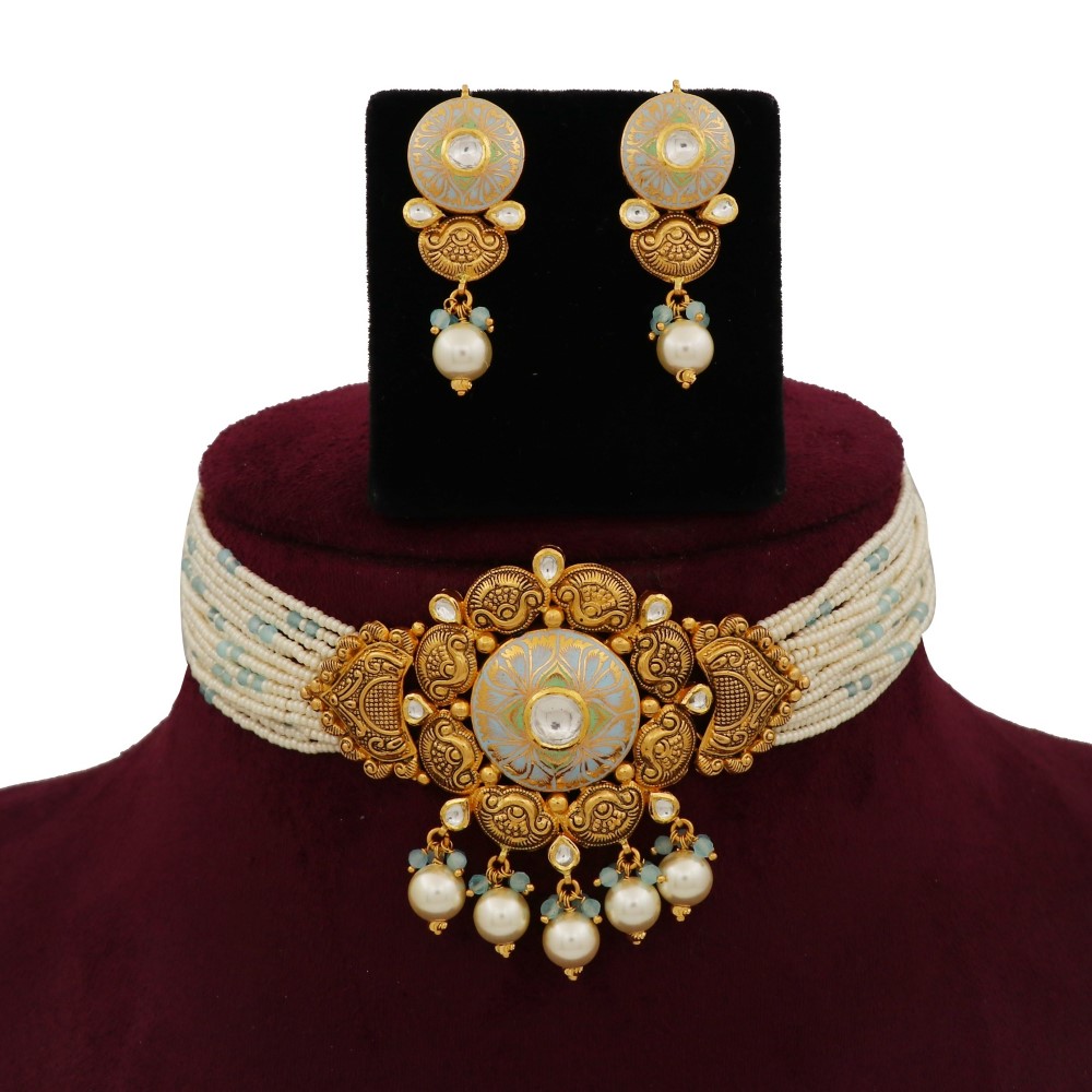 916 Gold Blossom Colourful Moti Necklace Set AJNS131