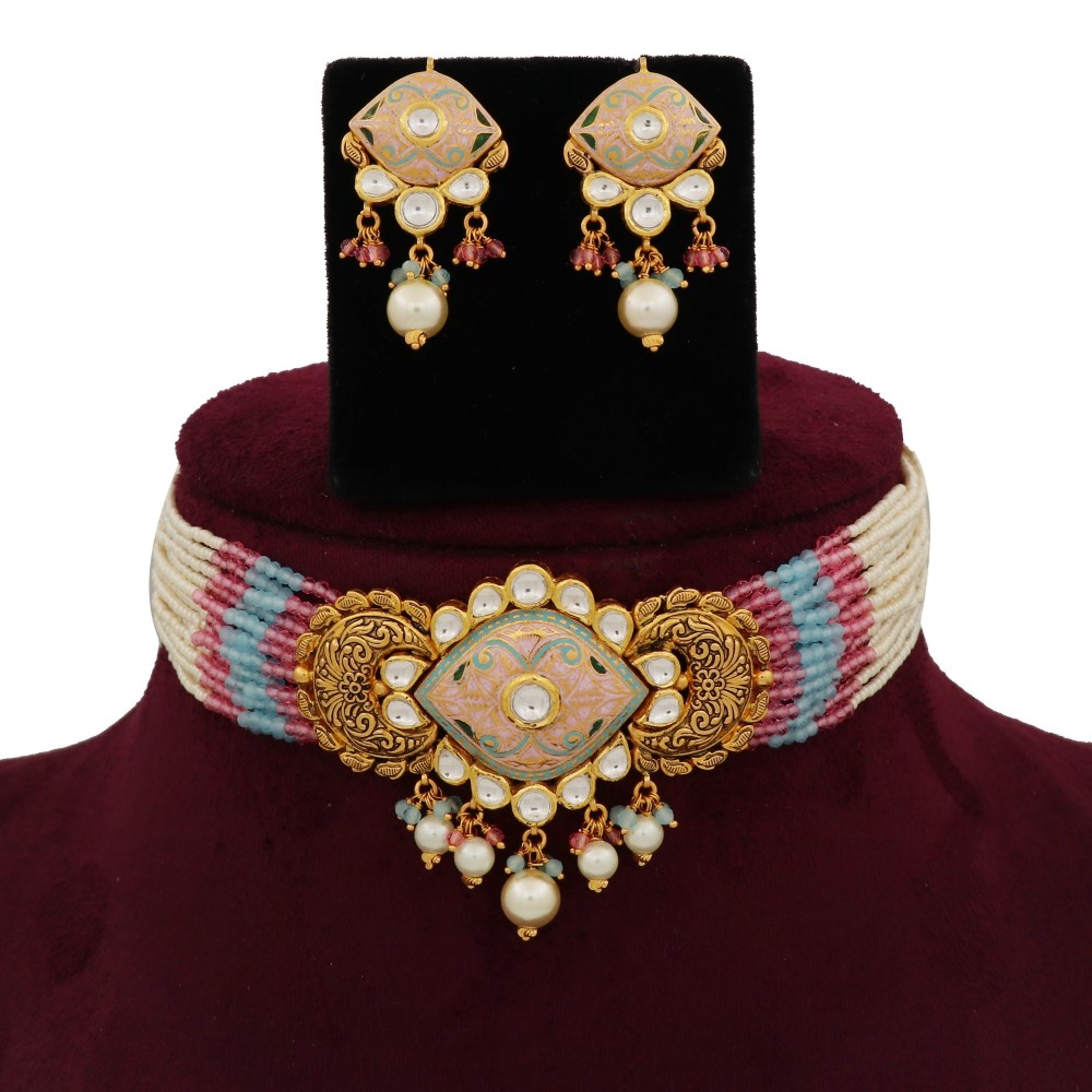 916 Gold Delicate Colourful Moti Necklace Set AJNS130