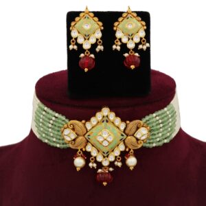 916 Gold Attractive Bow cut-out Colourful Moti Necklace Set AJNS129