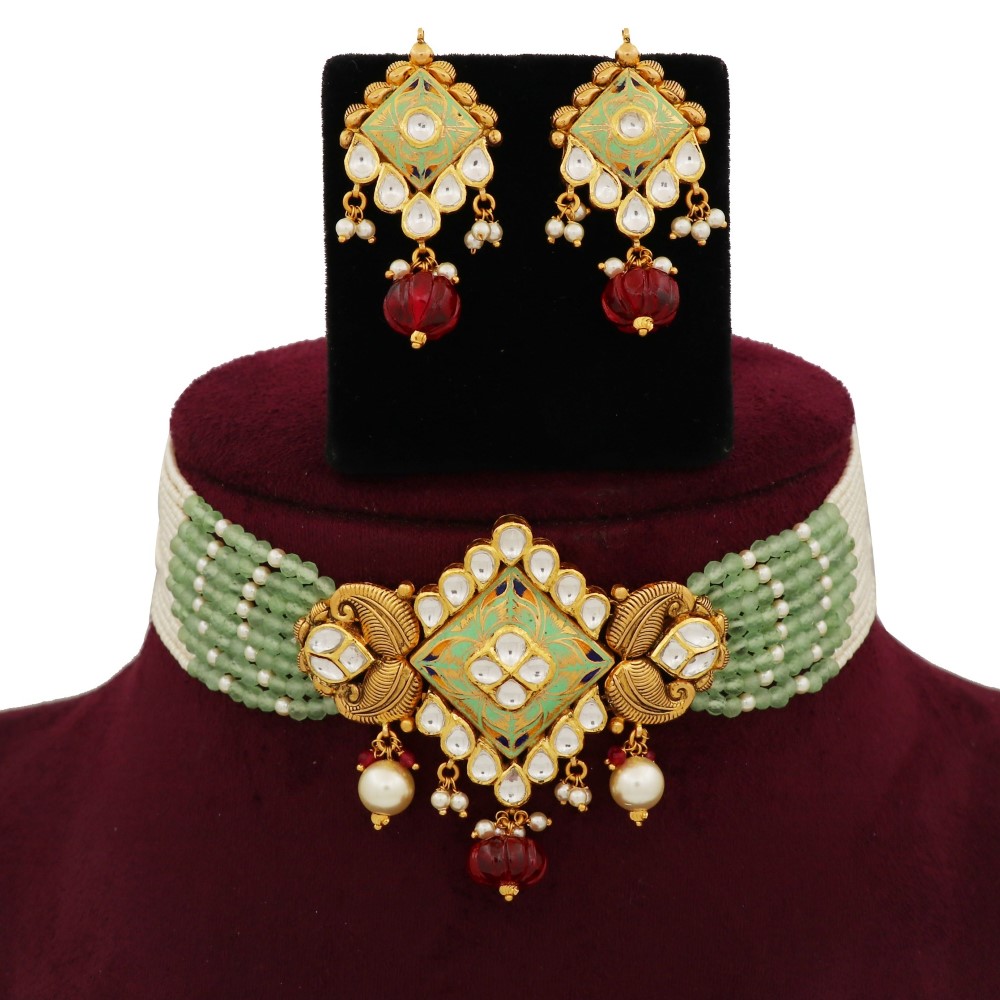 916 Gold Attractive Bow cut-out Colourful Moti Necklace Set AJNS129