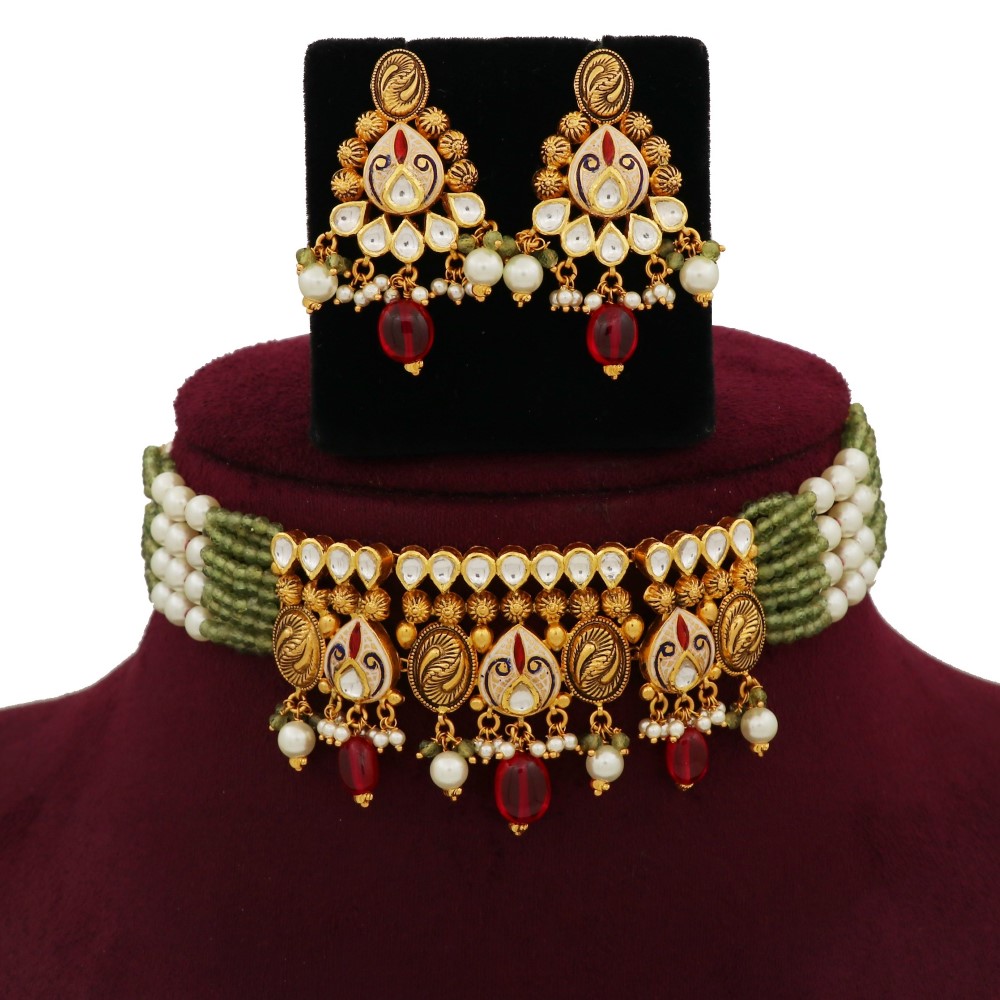 916 Gold Simple Colourful Moti Necklace Set AJNS128