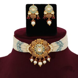 916 Gold Loopy Bends Colourful Moti Necklace Set AJNS127