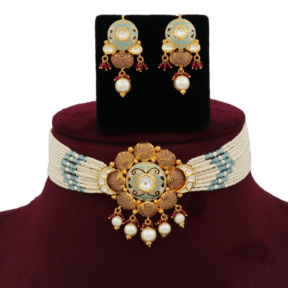 916 Gold Loopy Bends Colourful Moti Necklace Set AJNS127