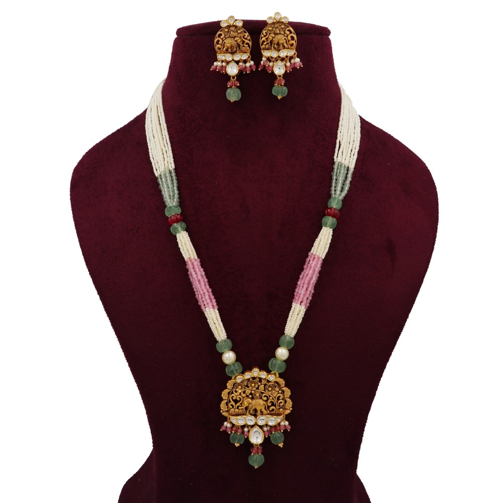 916 Gold Floral Colourful Moti Necklace Set AJNS125