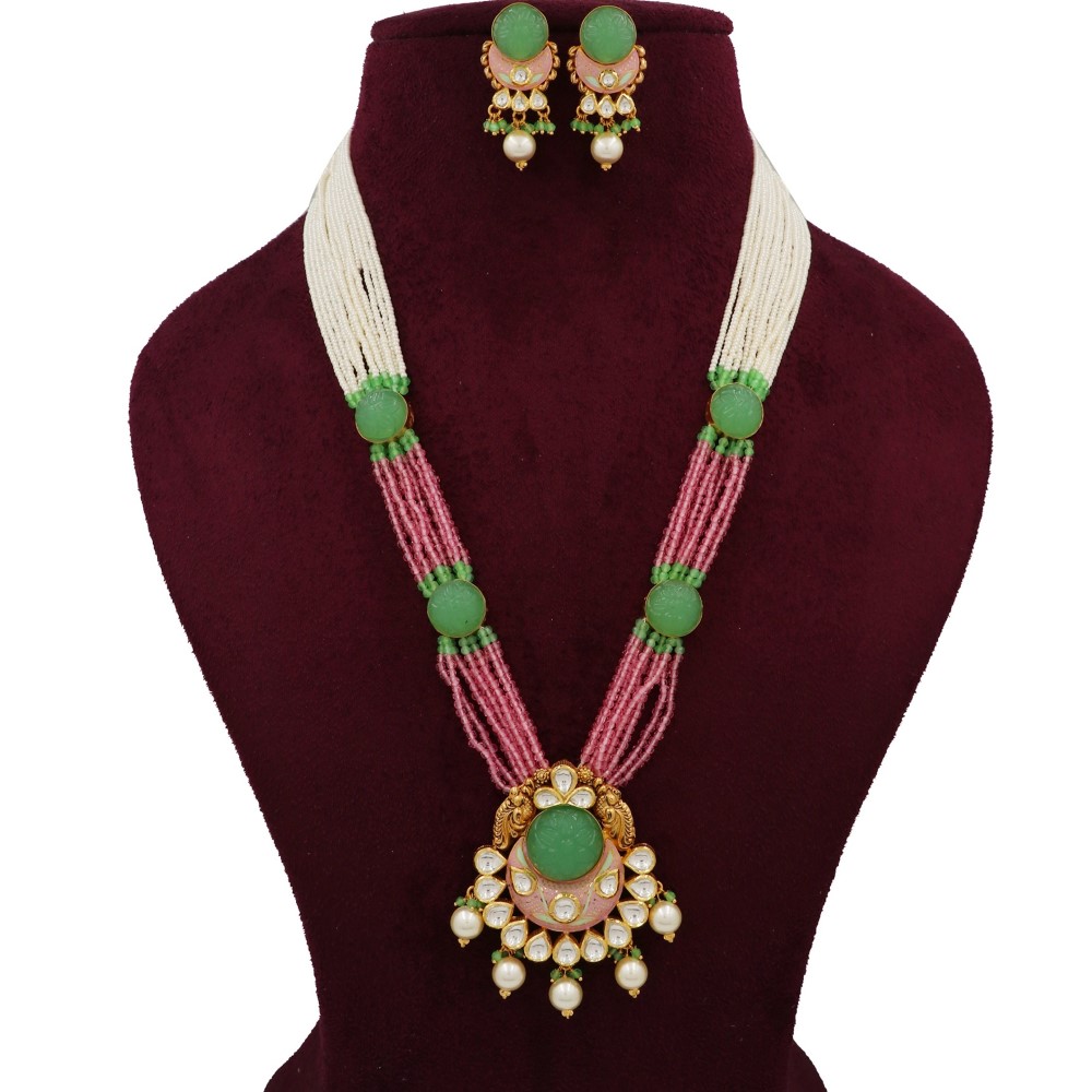916 Gold Sparkling Colourful Moti Necklace Set AJNS124