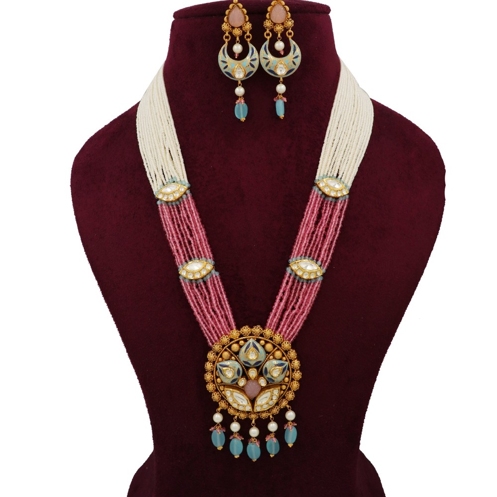 916 Gold Stylish Colourful Moti Necklace Set AJNS122